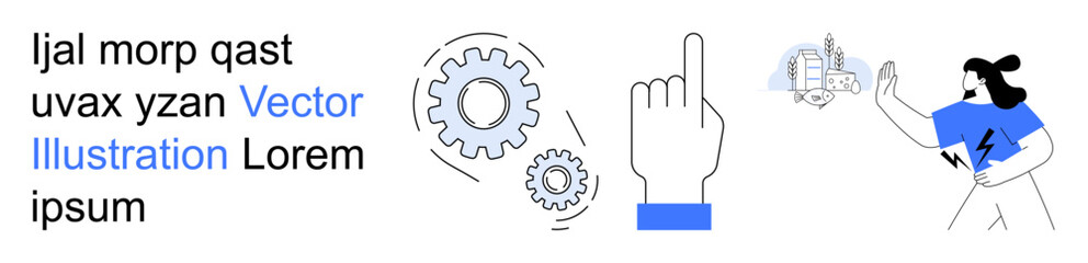 Technology, automation, digital interface, industrial innovation, user interaction, system design. Image of gears, a pointing hand and a person interacting with digital elements. Technology