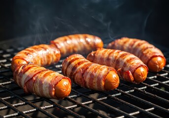 Juicy savory sausages tightly wrapped in crispy bacon cooking slowly on hot barbecue grill grates during a sunny backyard afternoon picnic ,flames ,meat ,relaxation