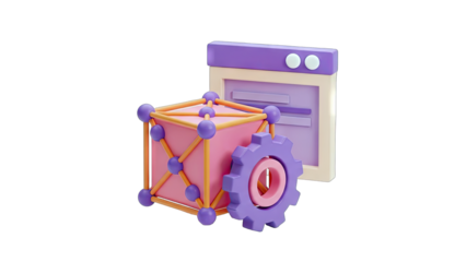 3D Render of Gear, Cube, and Browser Window - Technology Concept