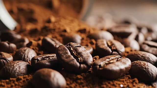 Close up of roasted coffee beans and ground coffee on a wooden surface.