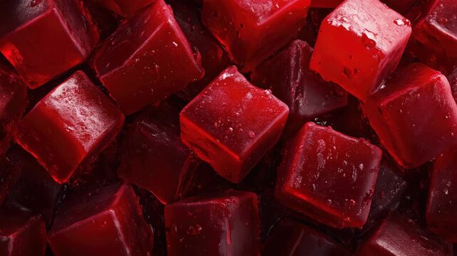 Bright red bite-sized candy, possibly cherry or strawberry flavored. Shiny texture from gummy base and glossy icing on top. Sugary sweetness in close-up video against neutral background.