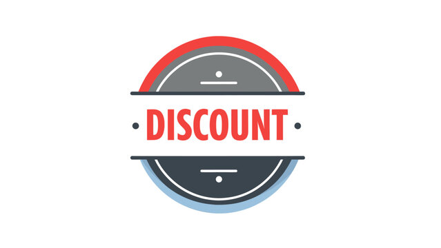 A graphic illustration of a discount badge or emblem with red and blue accents, featuring the word 'DISCOUNT' prominently displayed in the center.