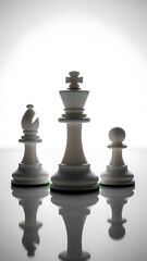 Chess Pieces: King, Bishop, Pawn on Reflective Surface, Strategic Game
