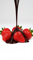 Thick, glossy melted dark chocolate cascades slowly down onto a cluster of four bright red, fresh strawberries on a white surface ,berries ,pouring ,confectionery