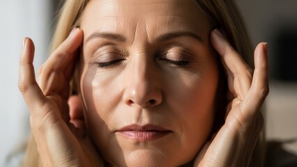 Naklejka premium Close up of an adult woman with closed eyes touching her temples with her hands. Stress, headache, tiredness, migraine or depression concept.