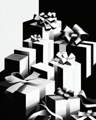 Geometric holiday gift composition with ribbons