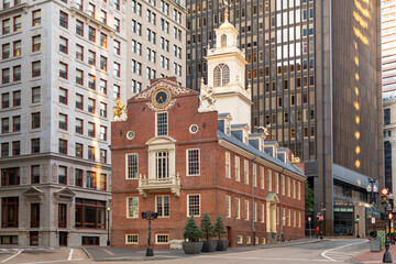 The historic Old State House in Downtown Boston stands as a landmark of Georgian architecture surrounded by modern skyscrapers.