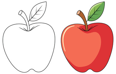 Apple illustration showing a bright red whole fruit with smooth glossy surface a curved brown stem and a fresh green leaf created in a clean minimal style for food themed designs