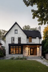 Modern stone house with large windows set in a green yard during evening hours near trees and shrubs in the neighborhood