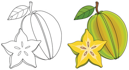 Starfruit illustration showing a whole ripe carambola with vibrant green and yellow ridges alongside a detailed yellow star-shaped slice in a clean tropical vector style ideal for fresh food designs