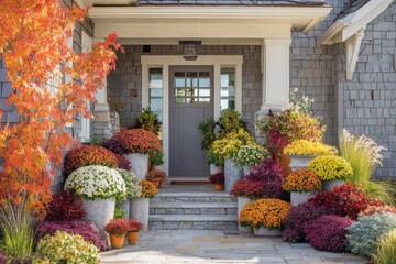 Colorful flowers in garden pots decorate front entrance of house during autumn season with vibrant leaves and stone steps