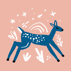 Modern boho red ornate rocking nursery toy vibe unicorn horse against white background. Rustic Scandinavian naive style print for interior, clothing and other. Scandi pastel colors nordic palette