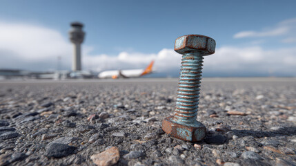 Rusty bolt on airport runway with control tower and airplane in background. Foreign Object Debris (FOD) concept.