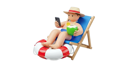 3D Cartoon Man Relaxing on Beach with Phone and Coconut