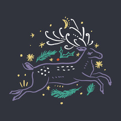 Running modern folk tribal boho patterned Norwegian reindeer with horns north animal in Scandinavian style. Floral Slovak ornamental engraving baby deer collage vibe, Noel lettering editable elements