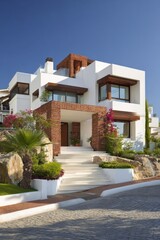 Fototapeta premium This contemporary residence boasts a charming brick entrance and beautifully designed landscape features, all situated in a sunny location under clear skies
