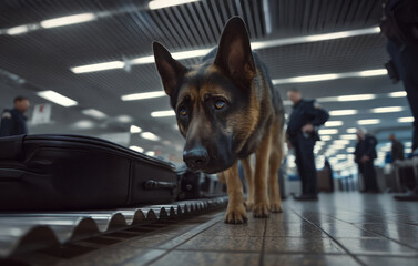 Security dog inspecting luggage at airport conveyor belt.