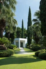 Fototapeta premium View of a garden pathway leading to a small white building surrounded by tall trees and lush green plants on a sunny day