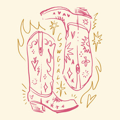 The coquette aesthetic bohemian groovy postmodern funky barbiecore cowgirl patterned boots, funky groovy hippie cowboy concept fashion shoes lettering. Vector illustration isolated glamour boot on