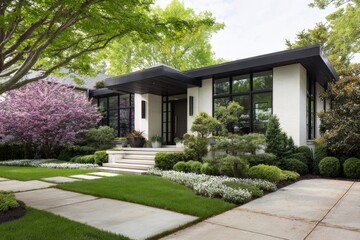Obraz premium A contemporary house featuring expansive windows and a beautifully landscaped garden, basking in the warm sunlight of a lovely suburban neighborhood