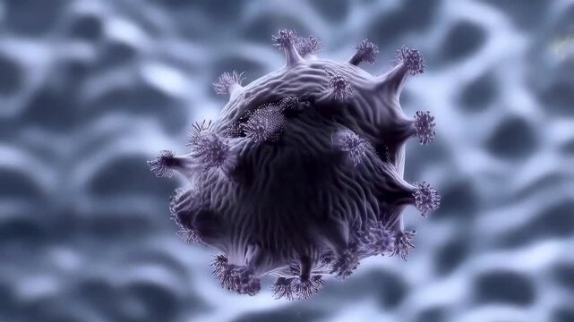 Electron microscope view of immune T cells attacking a mutated cancer cell injecting toxic proteins until the tumor collapses into debris