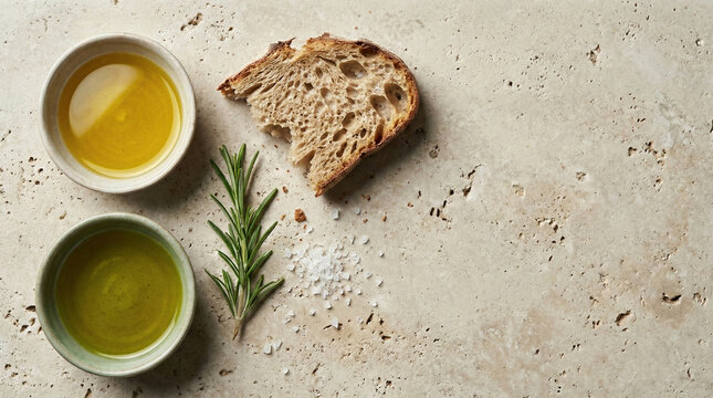 S&eacute;lection d&eacute;gustation huile d olive pain et herbes sur pierre