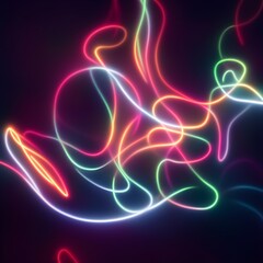 Obraz premium Playful rainbow neon tangle – glowing multicolored light lines looping and scribbling over deep purple background, energetic abstract motion and soft blur forming fun party style neon light overlay 