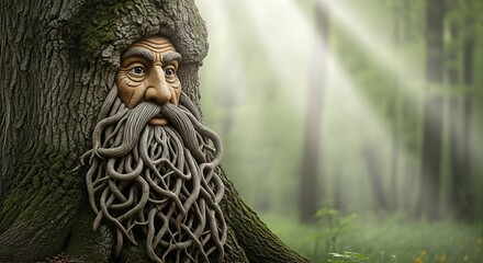 Ancient tree spirit with a wise face and long beard, intricately carved into the bark, surrounded by a mystical forest atmosphere, representing the essence of nature and pagan beliefs