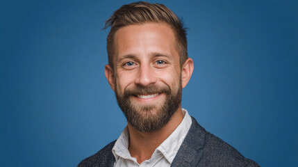Man smiles in front of blue background at a professional event