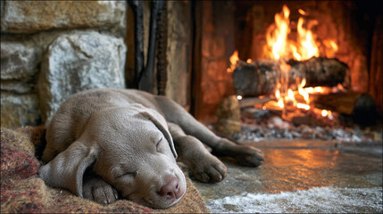 Puppy sleeps by the fire in a cozy room during winter night