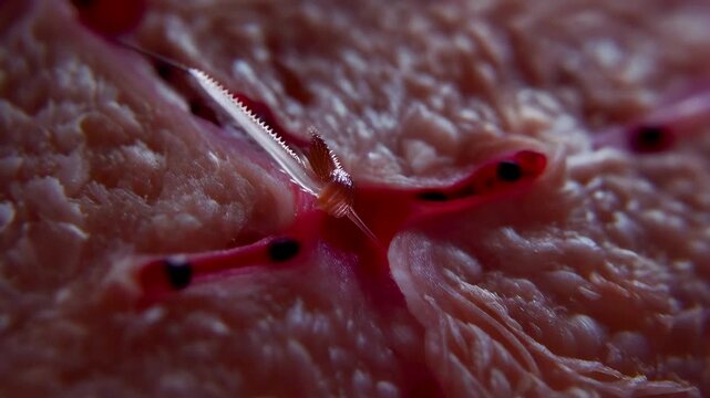 Extreme macro cross section of human skin as a mosquito proboscis penetrates tissue finds a blood vessel and feeds while injecting saliva