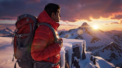 Man in red jacket with a backpack stands on a snowy peak looking at the sunrise over mountains
