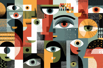 Abstract human faces and eye symbols in a bold geometric collage. Modern vector illustration for branding, media, diversity concepts, creative marketing and editorial design