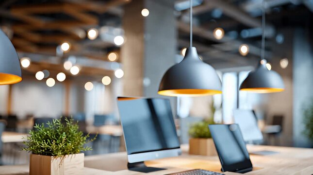 Moderne Pendelleuchten im zeitgem&auml;&szlig;en B&uuml;rointerieur mit warmer Beleuchtung