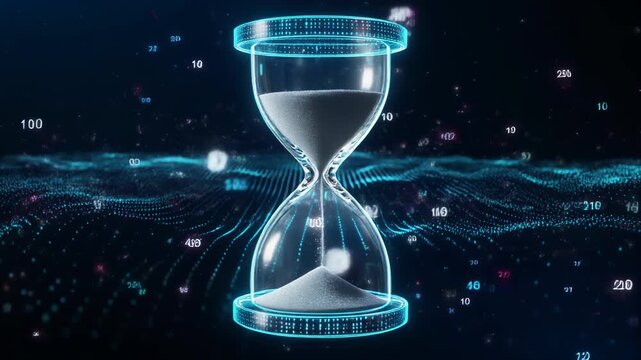 Futuristic hourglass with flowing sand on a digital technology background. Concept of time management, project deadlines and the passage of time in a data-driven world