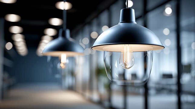 Moderne Pendelleuchten im zeitgem&auml;&szlig;en B&uuml;rointerieur mit warmer Beleuchtung