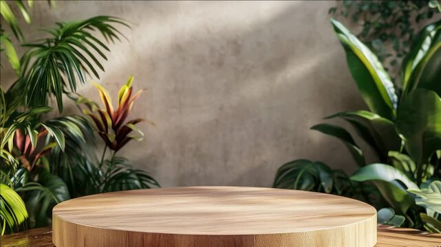 Modern round counter with plants behind it.