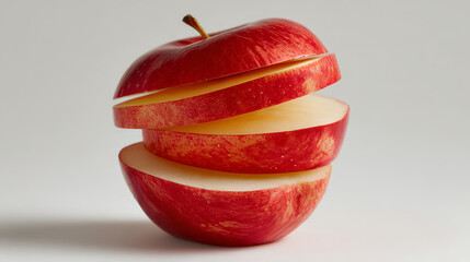 Sliced red apple suspended in mid air on neutral background.