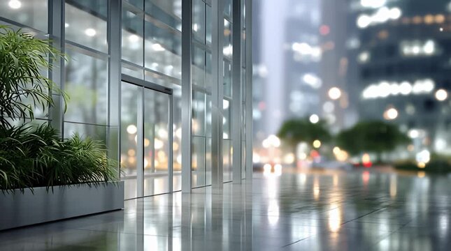 Moderne Stadtarchitektur bei Regen mit Spiegelungen und unscharfen Lichtern