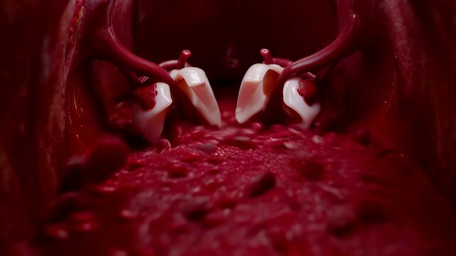 Interior view of a beating human heart showing the mitral valve as blood cells surge through and valve flaps close to stop backflow