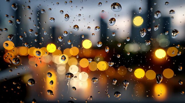 Regentropfen auf Glas mit unscharfer Stadt im Hintergrund bei Abendlicht