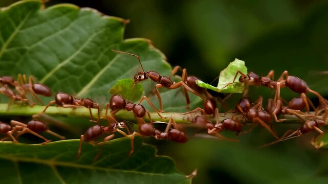 Macro view of army ants forming a living bridge between leaves as hundreds link bodies to carry food across a suspended gap