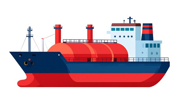 Isolated cartoon depiction of an LPG tanker ship with red tanks, dark blue hull, and white superstructure