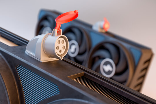 Next-generation computer graphics card power socket close-up. A satire on increasingly power-hungry graphics cards. 