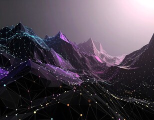Geometric mountainsscape with a digital mesh overlay, rendered in shades of purple, pink, and black under a bright sky