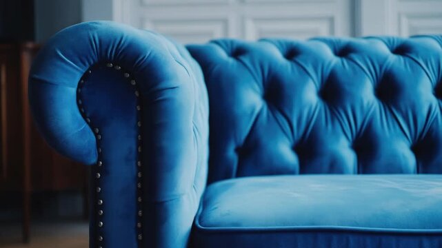 Vintage blue velvet armchair with tufted backrest for stylish and comfortable seating.