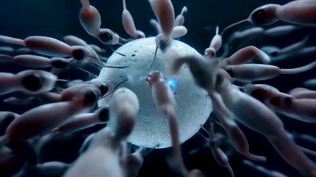 Microscopic view of human egg fertilization as one sperm penetrates the surface triggering a zinc spark and blocking others