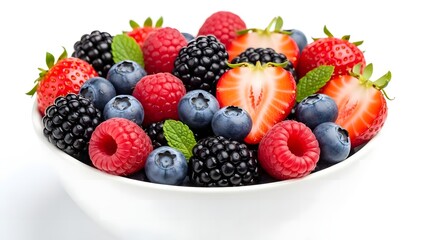 A vibrant bowl filled with fresh berries, bursting with color and flavor. Featuring strawberries, raspberries, blueberries, and blackberries, this is a healthy and delicious treat