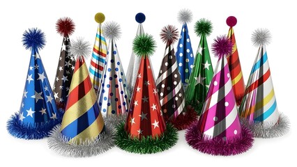 A vibrant collection of party hats, perfect for any festive occasion. The hats come in a variety of colors and patterns, topped with fluffy pom-poms. 