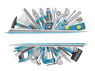 Vector Border for Carpenter Tools with blank copy space, decorative ad voucher with illustration of blue professional carpenter tools for labor day, promotion coupon for craft carpenter shop on white